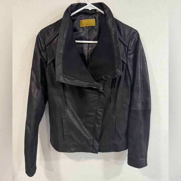 Nicole Miller Black Leather Jacket, Asymmetrical Zip, Size Small - Picture 2 of 6